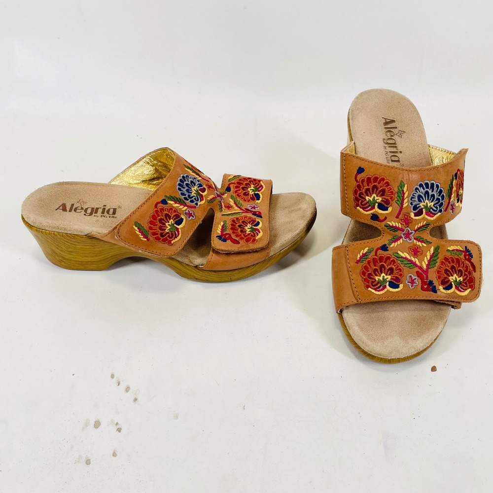Alegria Linnea Tan Leather Floral Embroidered Wedge Slide Sandals EU 41 LIN-647N